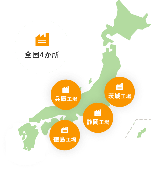 全国5か所 茨城工場 静岡工場 兵庫工場 徳島工場 長崎工場